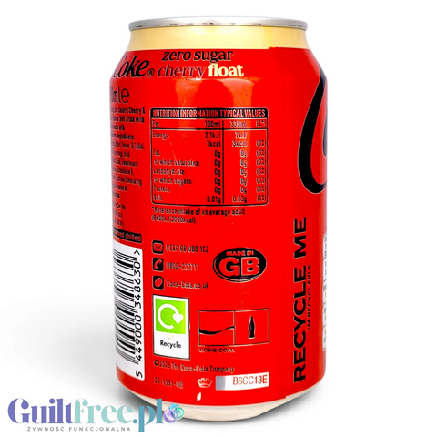 Puszka Guiltfree Coke Zero Cherry Float 330ml z informacjami o wartościach odżywczych na czerwonym tle