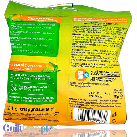 Tył opakowania Guiltfree Crispy Natural, chrupiące chipsy jabłkowe o smaku mango i matchy z efektem musującym.