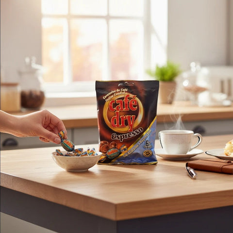 Guiltfree cukierki bez cukru Pictolin Cafe Dry Espresso w opakowaniu na drewnianym stole z filiżanką kawy