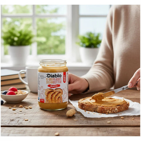 Guiltfree Diablo Peanut Butter Crunchy w szklanym słoiku smarowane na kromce chleba z ziarnami na drewnianym stole