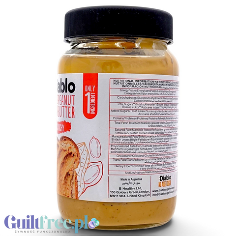Słoik Guiltfree Diablo Peanut Butter Crunchy z etykietą zawierającą tabelę wartości odżywczych i informację o składzie.