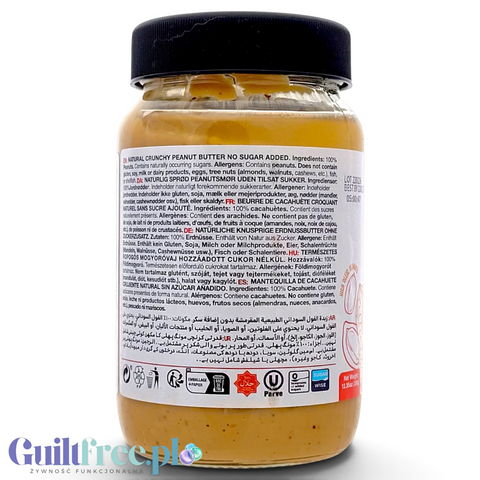 Słoik Guiltfree Diablo Peanut Butter Crunchy z etykietą zawierającą skład 100% orzeszków ziemnych bez dodatków.