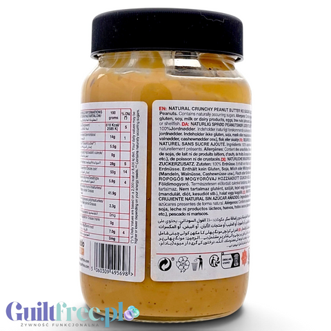 Słoik Guiltfree Diablo Peanut Butter Crunchy z widoczną etykietą zawierającą informacje o składzie i wartościach odżywczych