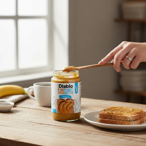 Guiltfree Diablo Peanut Butter Smooth w szklanym słoiku, nakładane drewnianą łyżką na kromkę chleba na drewnianym stole.