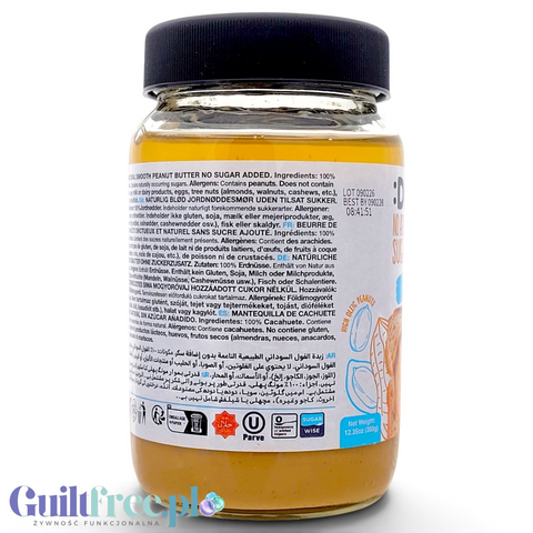 Słoik Guiltfree Diablo Peanut Butter Smooth z etykietą zawierającą skład 100% orzeszków ziemnych bez dodatków.