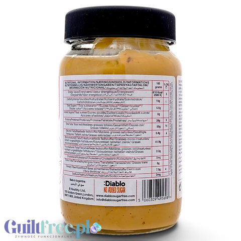Słoik masła orzechowego Guiltfree Diablo Peanut Butter Crunchy z widoczną etykietą wartości odżywczych
