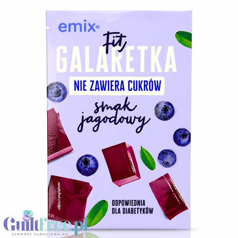 Opakowanie Guiltfree Emix Fit Galaretka Jagoda, niskokaloryczny deser bez cukru z motywem jagód na jasnym tle.