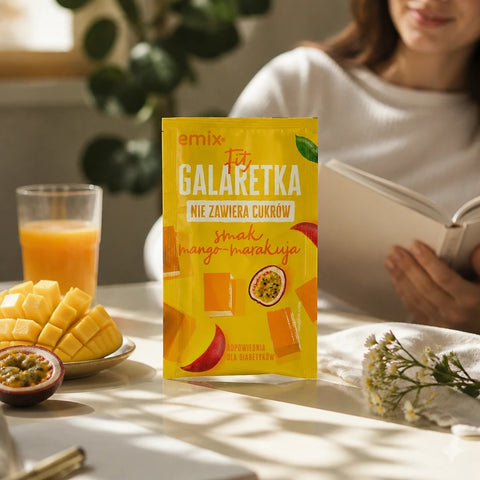 Opakowanie galaretki bez cukru Emix Fit o smaku mango i marakui na stole z owocami w ofercie sklepu Guiltfree