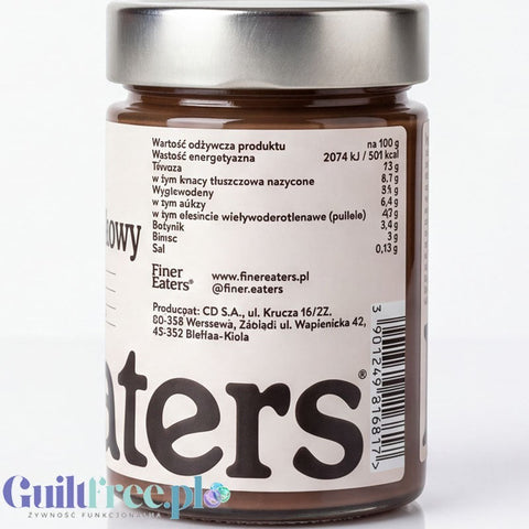 Etykieta z wartościami odżywczymi kremu orzechowo-kakaowego Guiltfree Finer Eaters w szklanym słoiku