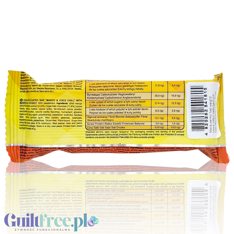 Tylna strona opakowania batona proteinowego Guiltfree Fizi Mango & Coco Chill z widoczną tabelą wartości odżywczych