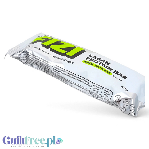 Baton białkowy Guiltfree FIZI Vegan Protein Nutty Caramel w białym opakowaniu z orzechami i karmelem