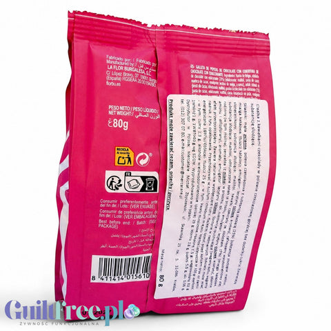 Opakowanie ciasteczek Guiltfree Florbu Mini Cookies z czekoladą bez dodatku cukru, widok z tyłu z etykietą informacyjną.
