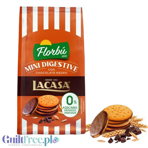 Opakowanie ciastek Guiltfree Florbu Mini Digestive w ciemnej czekoladzie bez dodatku cukru z pełnoziarnistą mąką.