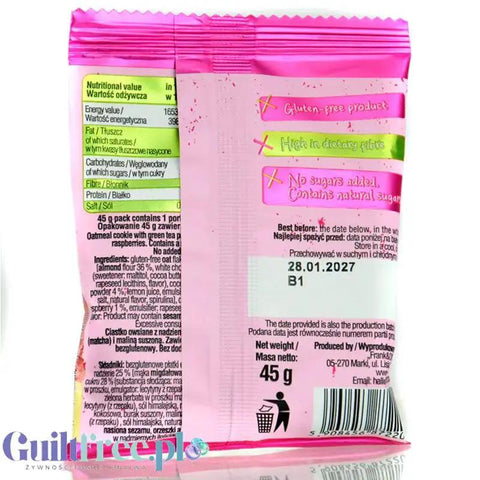 Tył opakowania ciastka Guiltfree Frank & Oli Vital Matcha z malinami i białą czekoladą z informacjami o składzie