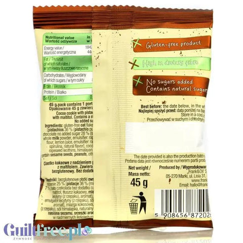 Tył opakowania ciastka Guiltfree Frank & Oli Vital Pistachio Cookie z informacjami o wartościach odżywczych i składzie
