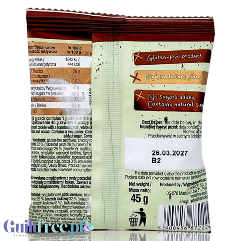 Tył opakowania bezglutenowego ciastka Guiltfree Frank & Oli Nocciola z informacjami o wartościach odżywczych i składzie