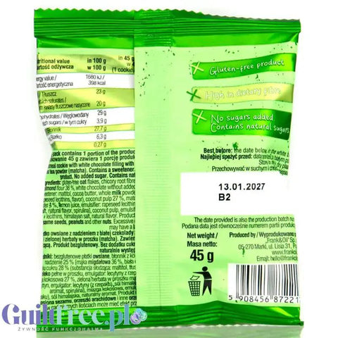 Tył opakowania ciastka Guiltfree Frank & Oli Matcha z białą czekoladą z widocznym składem i wartościami odżywczymi