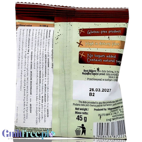 Tył opakowania bezglutenowego ciastka Guiltfree Frank & Oli Nocciola z informacjami o składzie i wartościach odżywczych