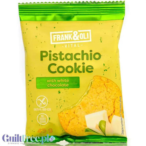 Guiltfree ciastko owsiane Frank & Oli Vital Pistachio z białą czekoladą w zielonym opakowaniu bez glutenu i cukru
