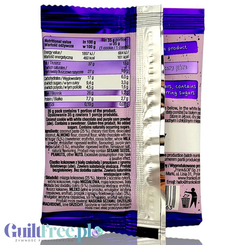 Tył opakowania bezglutenowego ciastka Guiltfree Frank & Oli Vital Ube z informacjami o wartościach odżywczych i składzie