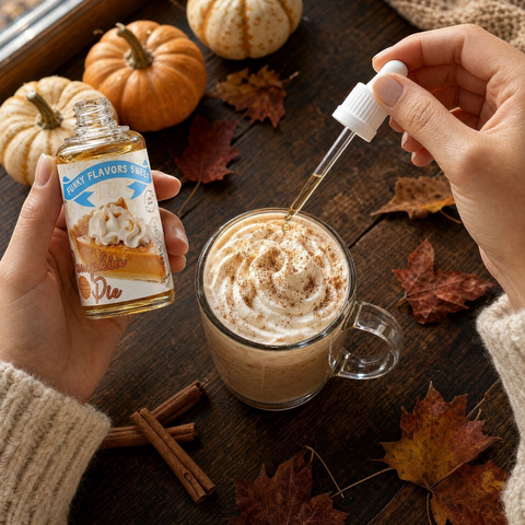 Guiltfree Funky Flavors Sweet Pumpkin Pie aromat w kroplach dodawany do kawy z bitą śmietaną w jesiennej scenerii