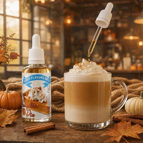 Guiltfree Funky Flavors Sweet Pumpkin Pie w kroplach dodawany do kawy z bitą śmietaną w jesiennej scenerii z dyniami