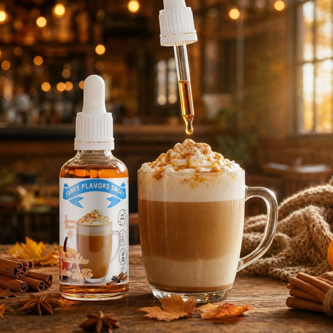 Guiltfree Funky Flavors Sweet Pumpkin Spice Latte, krople smakowe bez cukru obok kawy z bitą śmietaną i dynią.