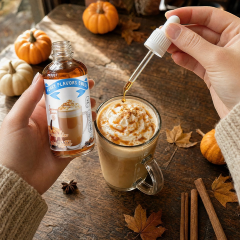 Guiltfree Funky Flavors Sweet Pumpkin Spice Latte, krople smakowe dodawane pipetą do kawy z bitą śmietaną i dyniami.