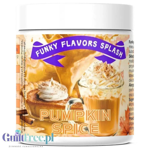 Guiltfree Funky Flavors Splash Pumpkin Spice w proszku, niskokaloryczny aromat do kawy i deserów w białym opakowaniu.