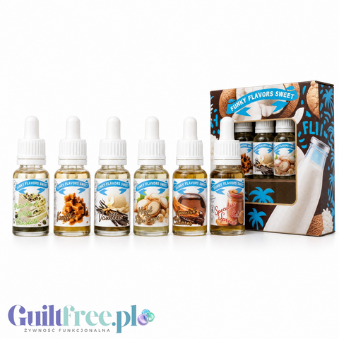 Zestaw sześciu aromatów Guiltfree Funky Flavors Sweet Autostrada do Nieba w buteleczkach z kroplomierzem i opakowaniem.
