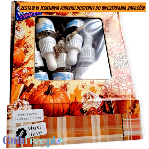 Zestaw sześciu aromatów Guiltfree Funky Flavors Sweet w jesiennym opakowaniu z motywem dyni i liści