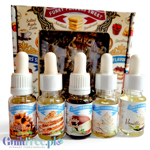 Zestaw pięciu aromatów spożywczych Guiltfree Funky Flavors Sweet ze stewią w małych buteleczkach z pipetami
