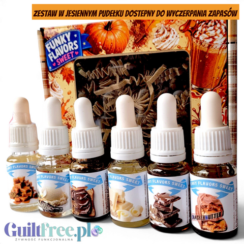 Guiltfree zestaw sześciu aromatów Funky Flavors Sweet w buteleczkach z kroplomierzem na tle ozdobnego pudełka