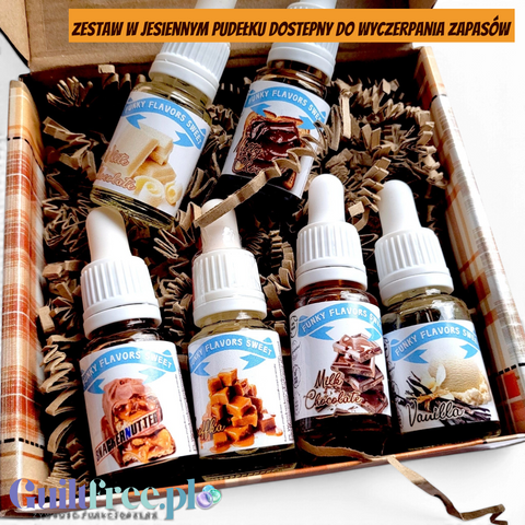 Zestaw sześciu aromatów do żywności Guiltfree Funky Flavors Sweet w małych buteleczkach z kroplomierzem w pudełku.