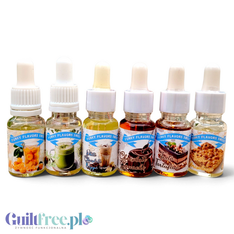 Zestaw 6 aromatów Funky Flavors Sweet Guiltfree w buteleczkach 10ml z serii Po Słonecznej Stronie o różnych smakach.