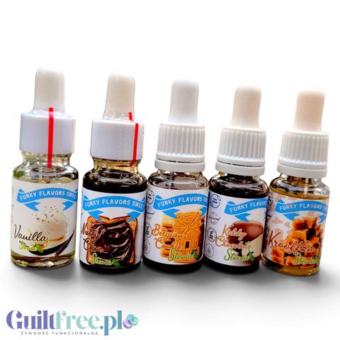 Zestaw pięciu aromatów Guiltfree Funky Flavors Sweet ze stewią w małych buteleczkach z kroplomierzami