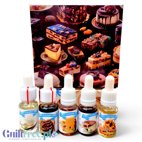 Zestaw pięciu aromatów Guiltfree Funky Flavors Sweet w buteleczkach z kroplomierzem na tle grafiki z deserami