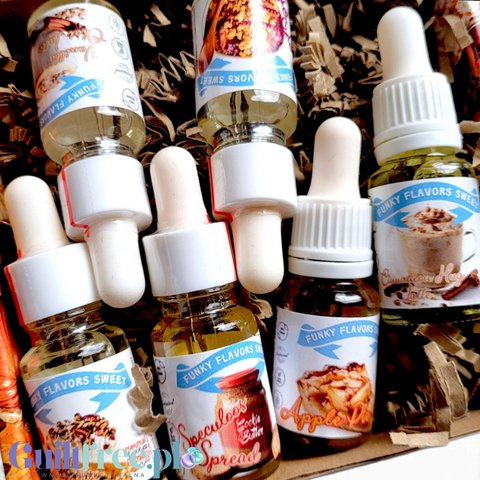 Zestaw sześciu aromatów do żywności Guiltfree Funky Flavors Sweet w jesiennych smakach w szklanych buteleczkach z pipetą