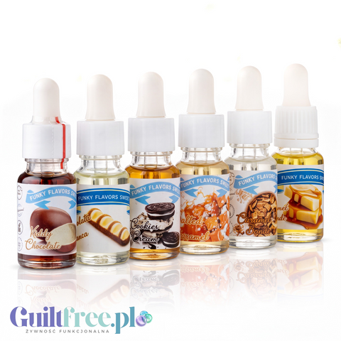 Zestaw sześciu aromatów Guiltfree Funky Flavors Sweet w małych buteleczkach z kroplomierzem o deserowych smakach