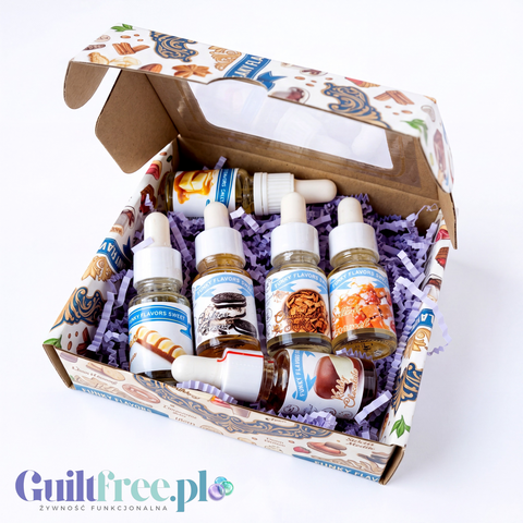 Zestaw sześciu aromatów Guiltfree Funky Flavors Sweet w ozdobnym pudełku z fioletowym wypełnieniem