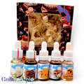 Zestaw 5 aromatów Guiltfree Funky Flavors Sweet ze stewią w buteleczkach z pipetami, w ozdobnym pudełku z deserami.