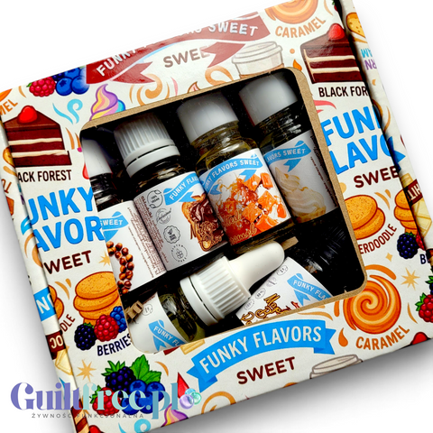 Zestaw testerów Guiltfree Funky Flavors Sweet w ozdobnym pudełku z sześcioma buteleczkami aromatów bez kalorii.