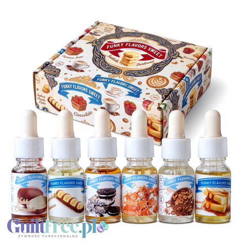 Zestaw 6 aromatów Funky Flavors Sweet od Guiltfree w buteleczkach 10 ml z deserowymi smakami i ozdobnym pudełkiem.