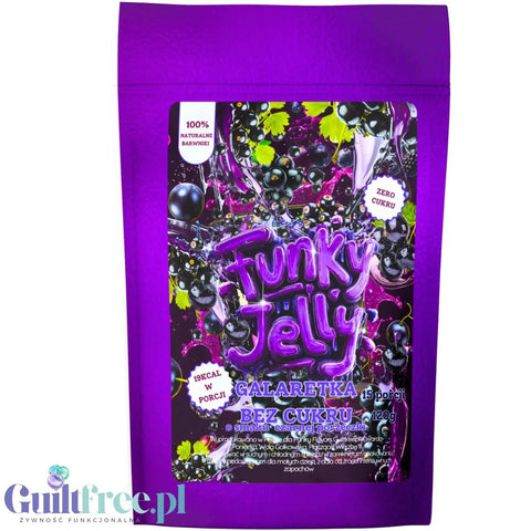 Opakowanie galaretki Guiltfree Funky Jelly o smaku czarnej porzeczki, produkt bez cukru w fioletowej torebce.