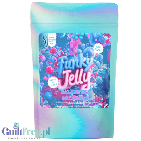 Opakowanie błękitnej galaretki bez cukru Funky Jelly o smaku gumy balonowej marki Guiltfree w saszetce typu doypack.