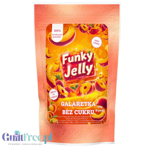 Opakowanie galaretki bez cukru Guiltfree Funky Jelly o smaku brzoskwiniowym w pomarańczowej torebce