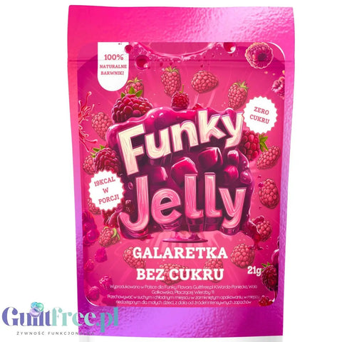 Opakowanie galaretki bez cukru Guiltfree Funky Jelly o smaku malinowym z grafiką soczystych owoców malin.