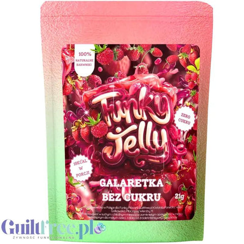 Opakowanie galaretki bez cukru Guiltfree Funky Jelly o smaku poziomkowym z naturalnymi barwnikami