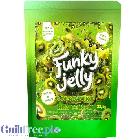 Zielone opakowanie galaretki instant Guiltfree Funky Jelly o smaku kwaśnego kiwi bez cukru