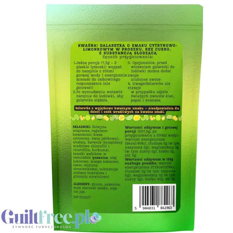 Opakowanie kwaśnej galaretki bez cukru Guiltfree Funky Jelly o smaku cytrynowo-limonkowym z widocznym składem i opisem